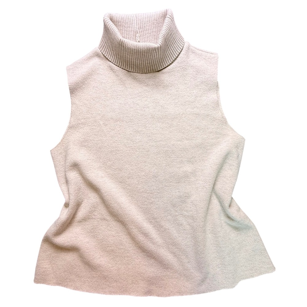 Zara Women Oatmeal Heather Ribbed Sleeveless Turtleneck Knit Sweater Vest Size L